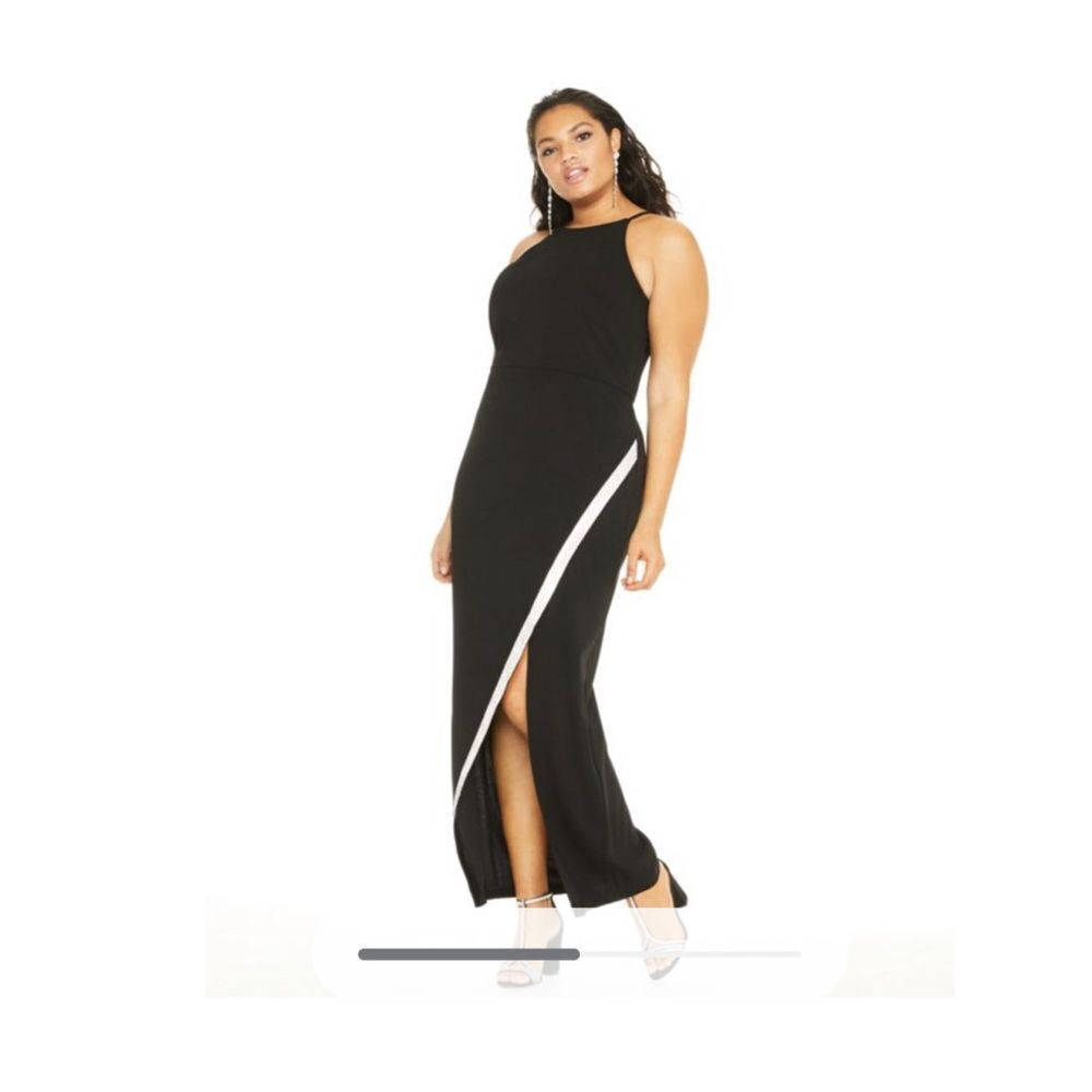 BCX Black Sleeveless Halter Maxi Evening Dress Rhinestone Bias Slit Size 3X New